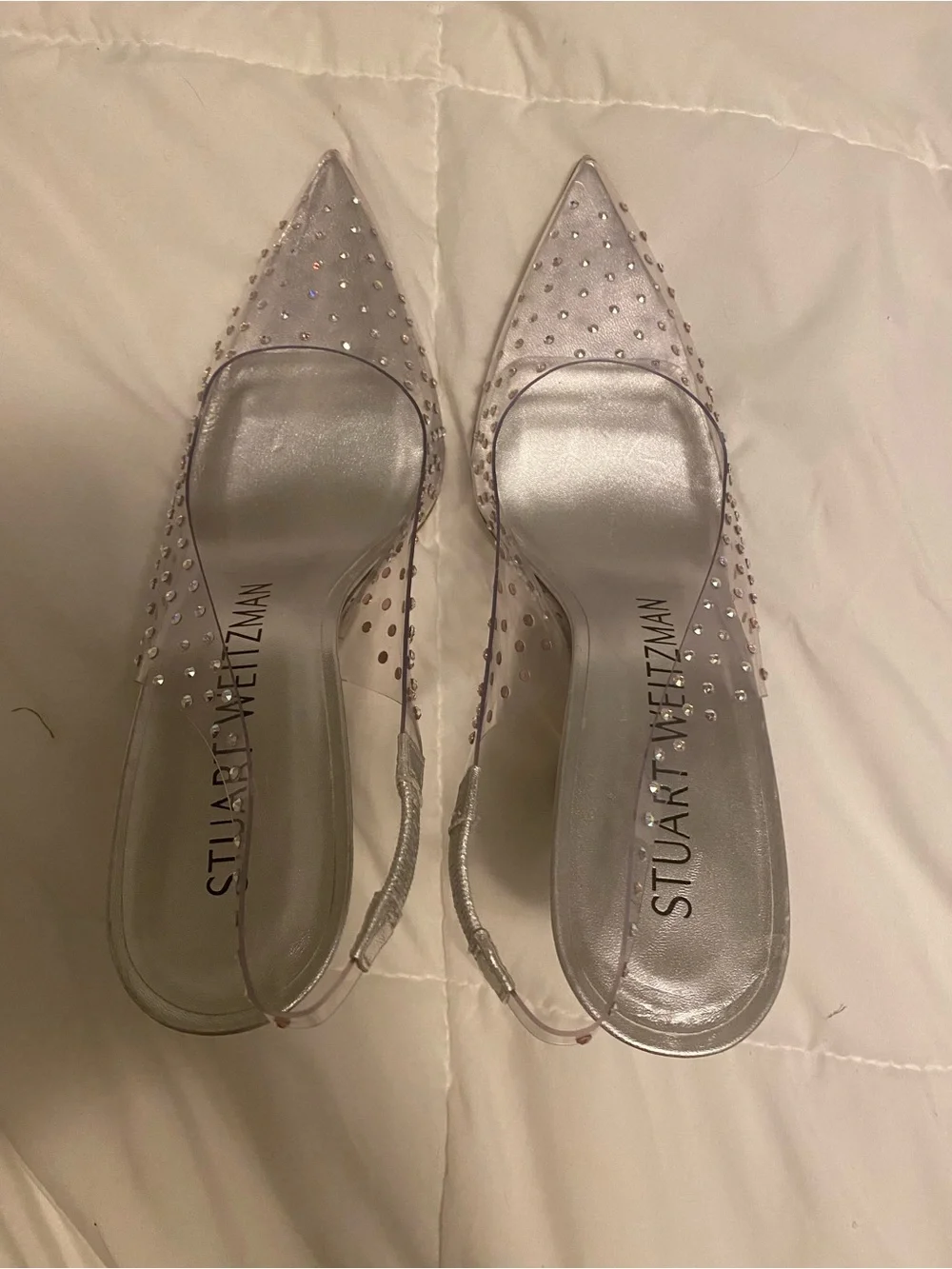 Stuart Weitzman Silver Pointed Slingback Heels with Crystal Studs - Picture 5 of 7